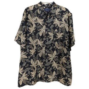 ANDREW FEZZA New York short sleeve button down silk black beige floral‎ shirt L